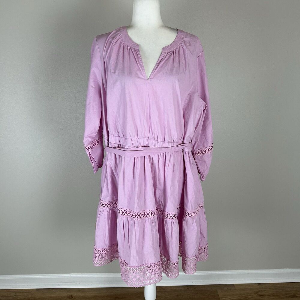 Size 2X Pink Mini Dress Cotton Peasant Coquette Tiered Embroidered Eyelet Belted